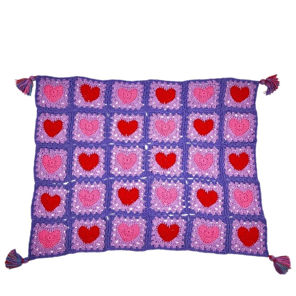 New Handmade Crochet Heart Granny Square Lap Blanket Tassels Purple Pink Red